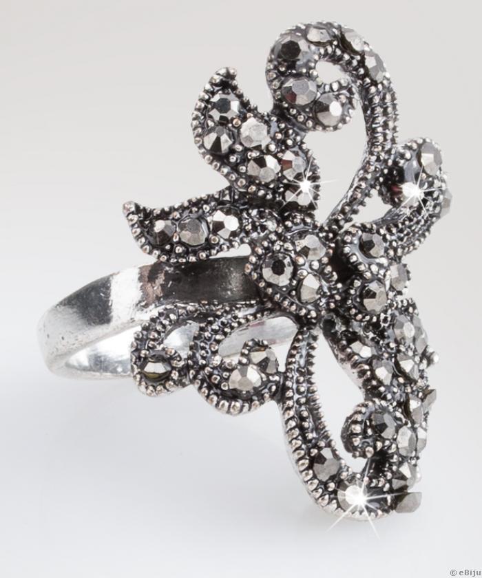 Absztrakt virág gyűrű, ezüstszínű fémből, 17 mm