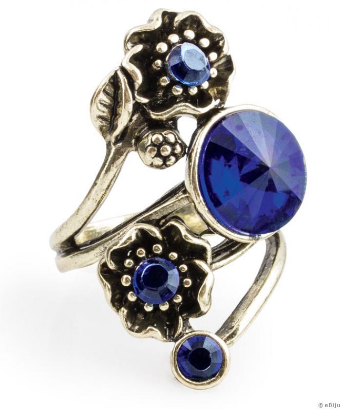Absztrakt virág gyűrű, kék kristályokkal, ezüstszínű fémből, 16 mm