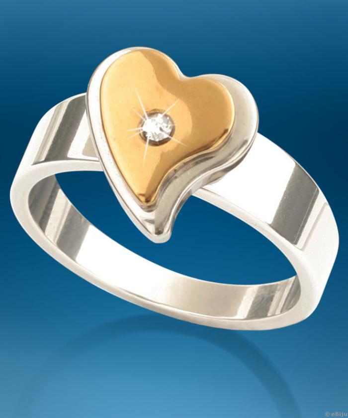 Arany-ezüstszínű szív gyűrű fehér kristállyal, 18mm