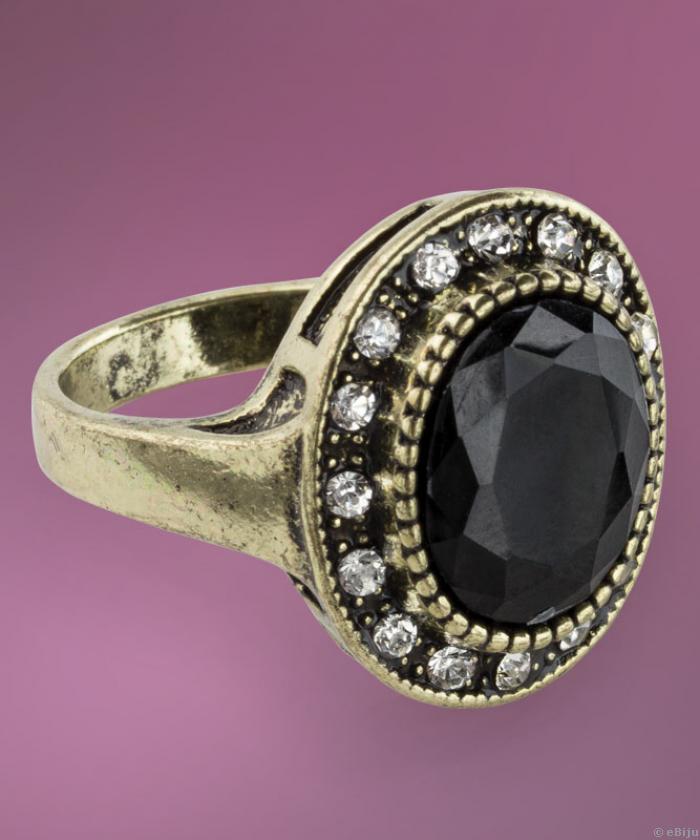 Fekete gyűrű, bronzszínű fém fekete és fehér kristályokkal, 17 mm