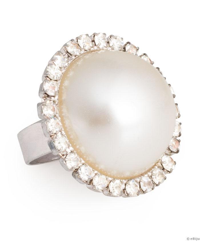 Krémszínű üveggyöngy gyűrű fehér kristályokkal
