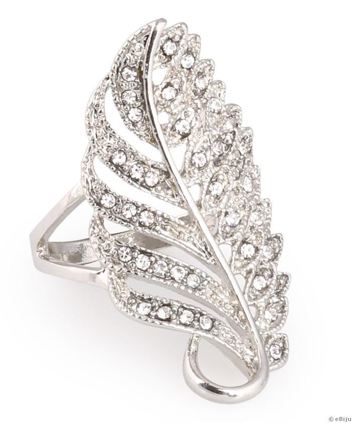 Stilizált toll formájú ezüstszínű gyűrű, kristályokkal, 18 mm